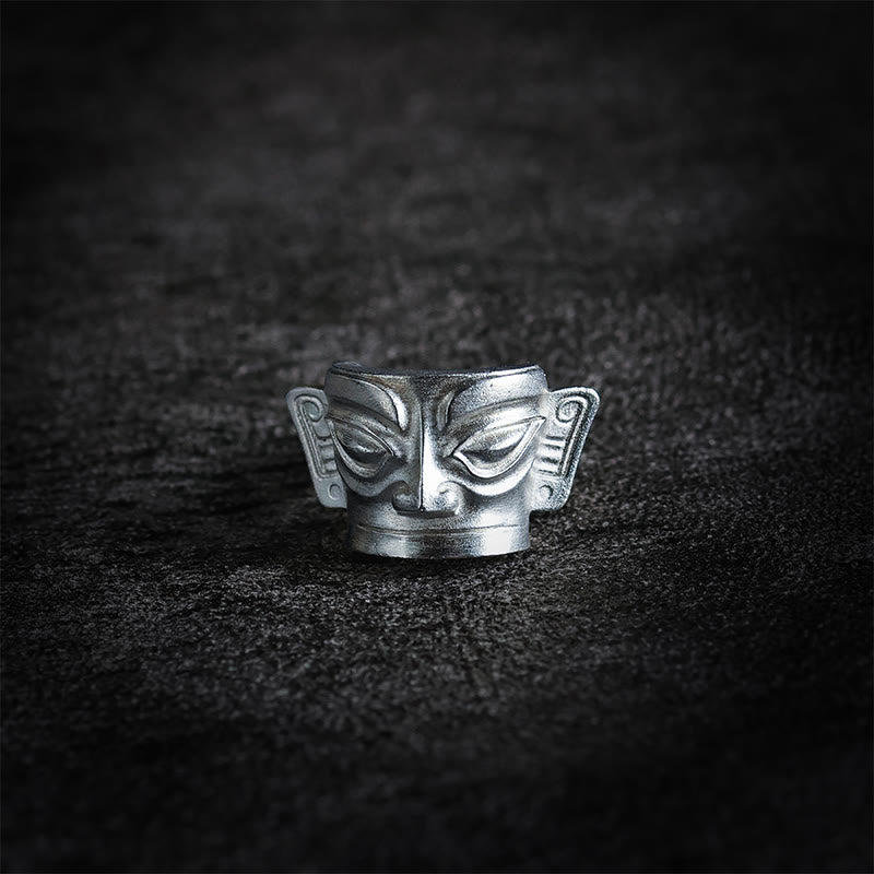 Fortune Jewel 999 Sterling Silver Hand Casting Sanxingdui Mask Protection Ring