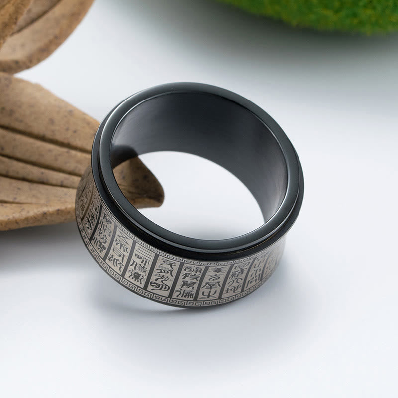 Fortune Jewel Tibetan Seal Script Golden Light Mantra Titanium Steel Spinner Balance Ring