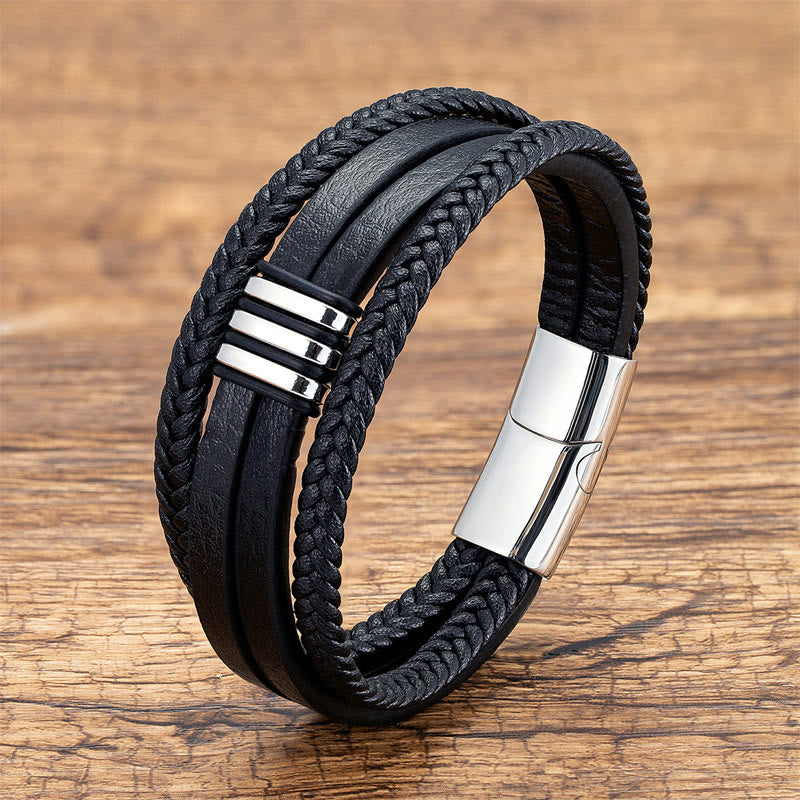 Fortune Jewel Handmade Braided Leather Calm Titanium Steel Buckle Bracelet