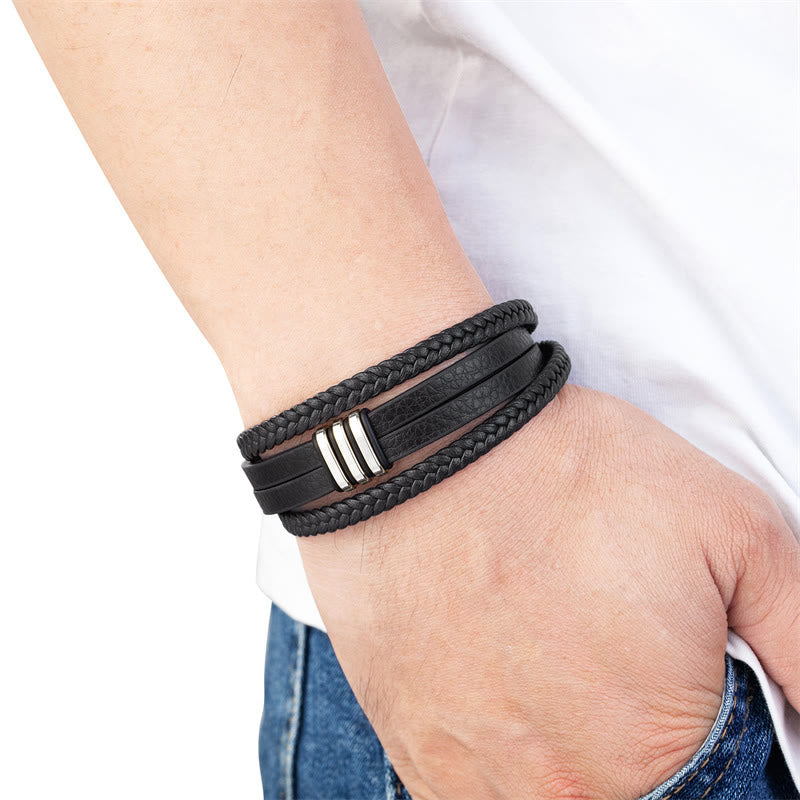 Fortune Jewel Handmade Braided Leather Calm Titanium Steel Buckle Bracelet