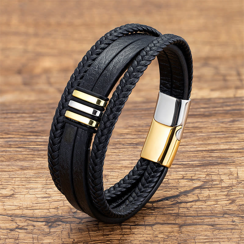 Fortune Jewel Handmade Braided Leather Calm Titanium Steel Buckle Bracelet