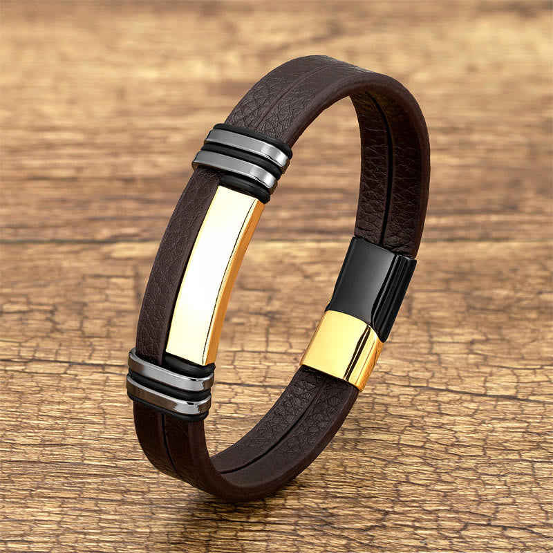 Fortune Jewel Brown Leather Titanium Steel Buckle Balance Bracelet