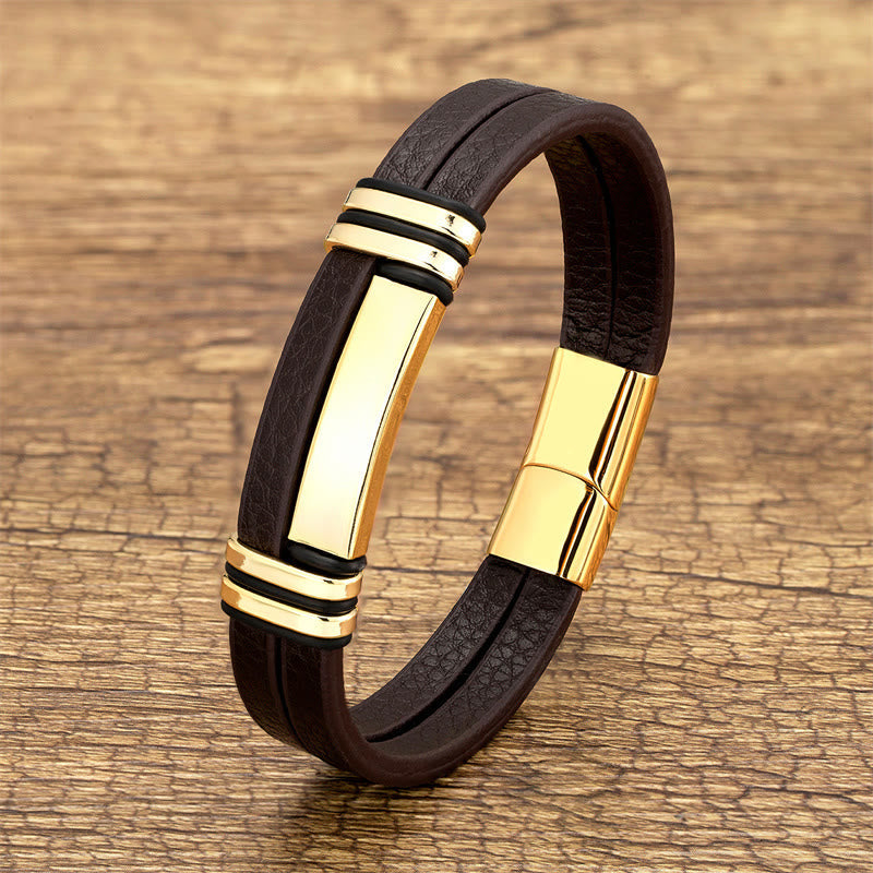 Fortune Jewel Brown Leather Titanium Steel Buckle Balance Bracelet