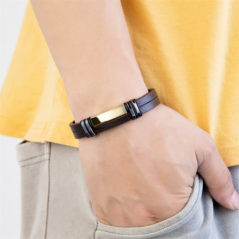 Fortune Jewel Brown Leather Titanium Steel Buckle Balance Bracelet