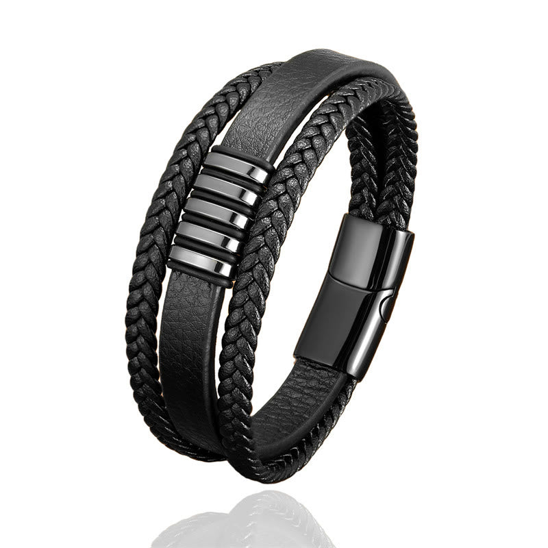 Fortune Jewel Multi-layer Leather Rope Titanium Steel Buckle Balance Bracelet