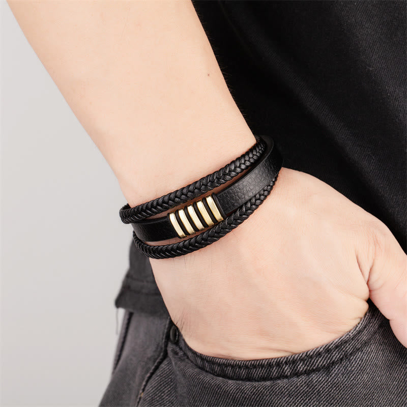 Fortune Jewel Multi-layer Leather Rope Titanium Steel Buckle Balance Bracelet