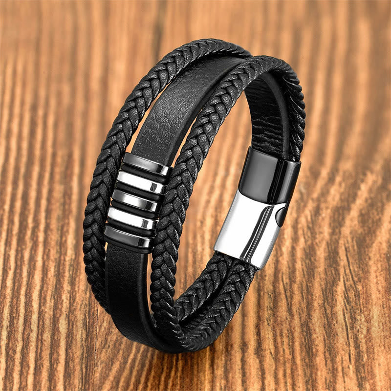 Fortune Jewel Multi-layer Leather Rope Titanium Steel Buckle Balance Bracelet