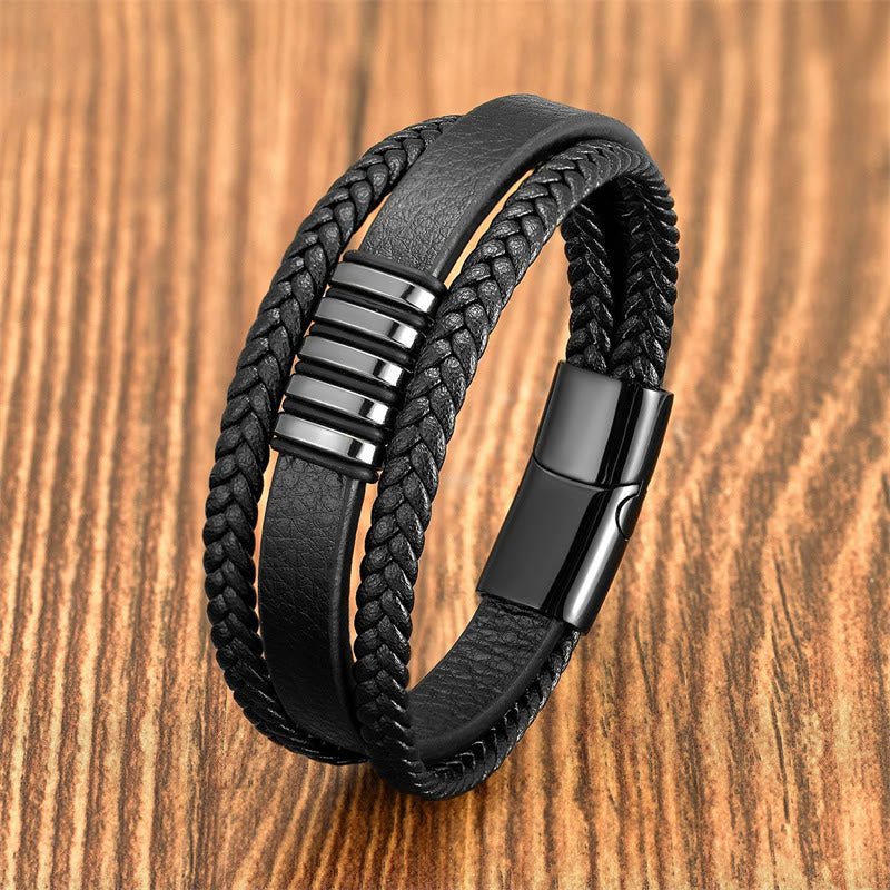 Fortune Jewel Multi-layer Leather Rope Titanium Steel Buckle Balance Bracelet