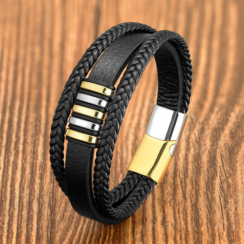 Fortune Jewel Multi-layer Leather Rope Titanium Steel Buckle Balance Bracelet