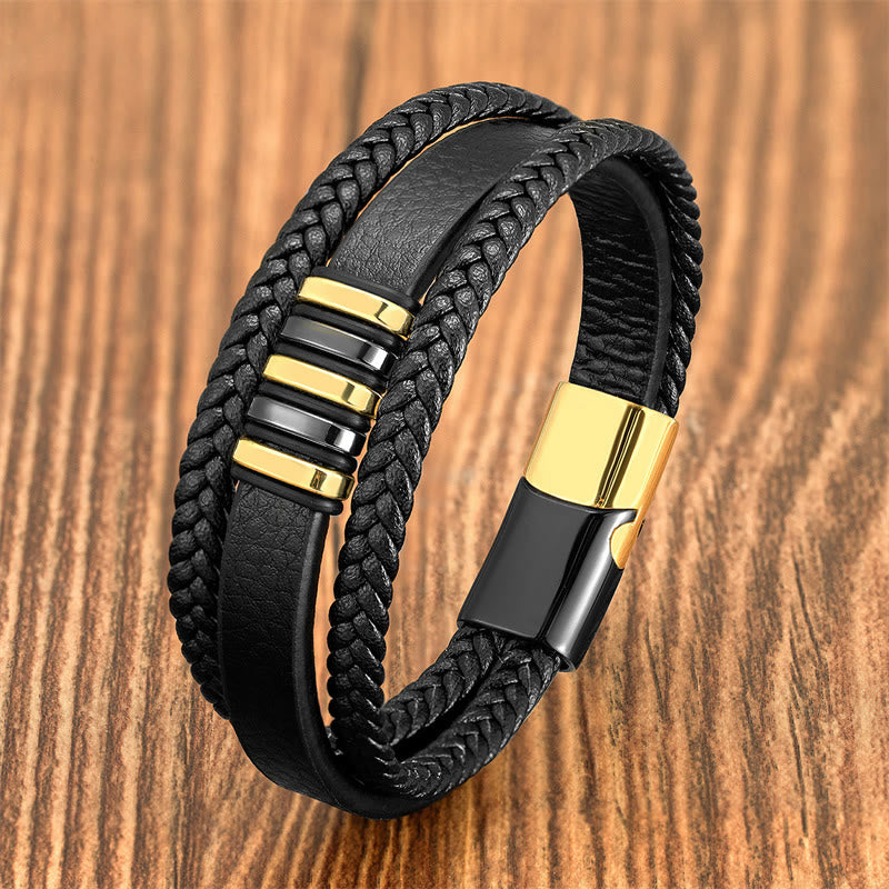 Fortune Jewel Multi-layer Leather Rope Titanium Steel Buckle Balance Bracelet