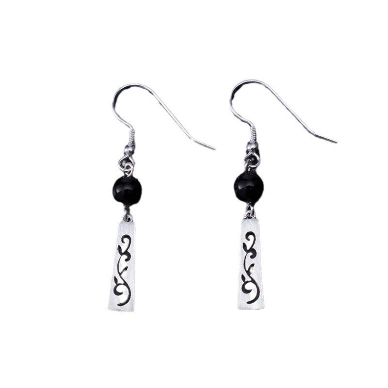 Fortune Jewel 925 Sterling Silver Black Onyx Hollow Vine Protection Drop Earrings