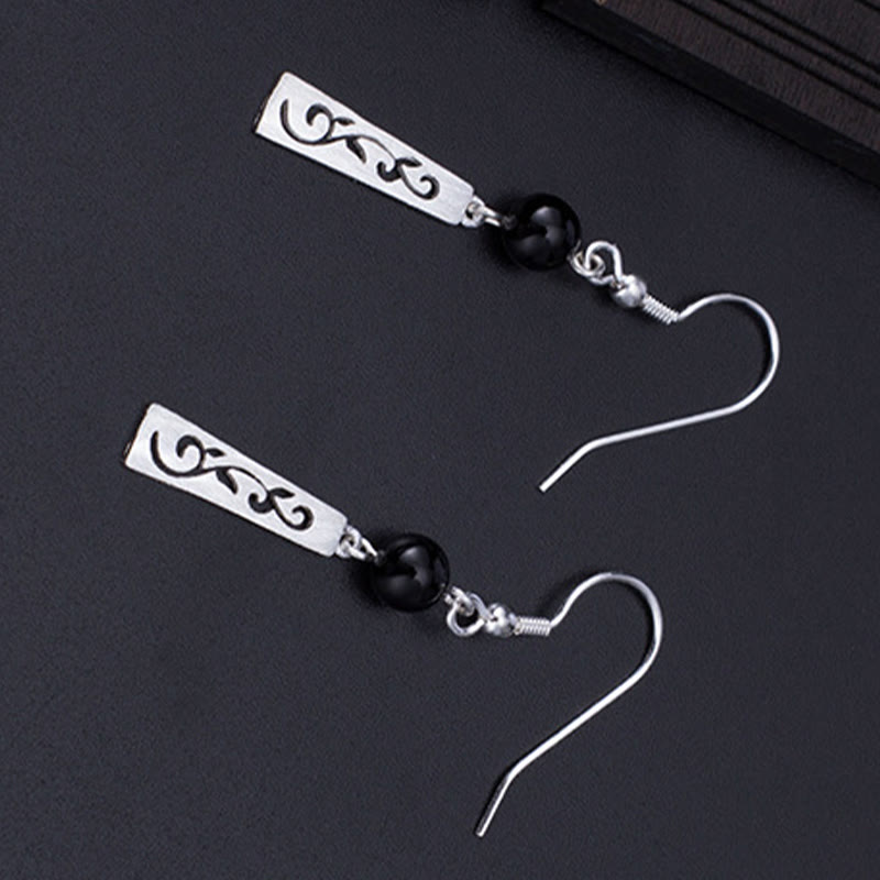 Fortune Jewel 925 Sterling Silver Black Onyx Hollow Vine Protection Drop Earrings
