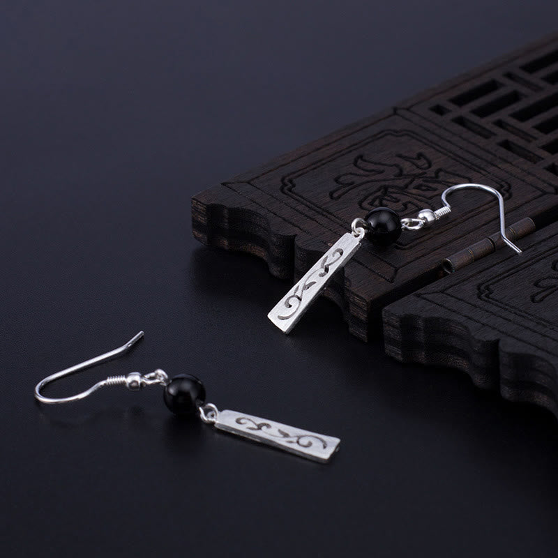 Fortune Jewel 925 Sterling Silver Black Onyx Hollow Vine Protection Drop Earrings