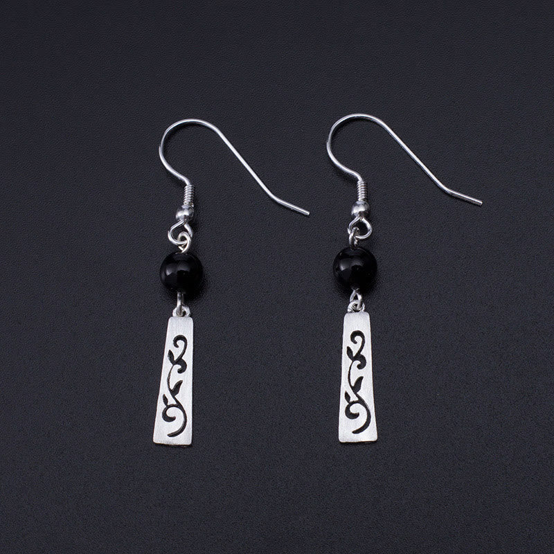 Fortune Jewel 925 Sterling Silver Black Onyx Hollow Vine Protection Drop Earrings