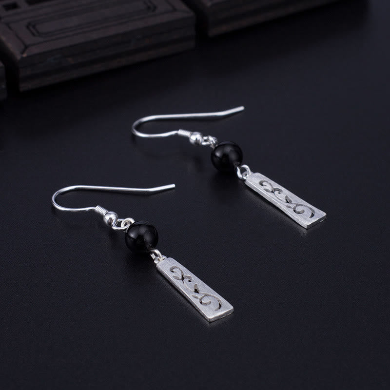 Fortune Jewel 925 Sterling Silver Black Onyx Hollow Vine Protection Drop Earrings