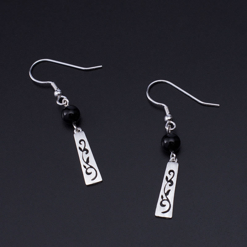 Fortune Jewel 925 Sterling Silver Black Onyx Hollow Vine Protection Drop Earrings