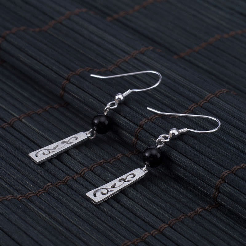 Fortune Jewel 925 Sterling Silver Black Onyx Hollow Vine Protection Drop Earrings