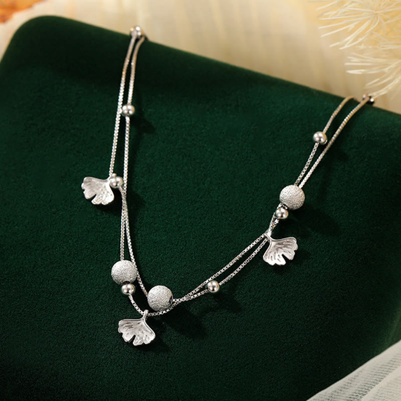 Fortune Jewel 925 Sterling Silver Ginkgo Leaf Double Layer Protection Anklet