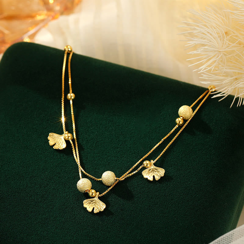 Fortune Jewel 925 Sterling Silver Ginkgo Leaf Double Layer Protection Anklet