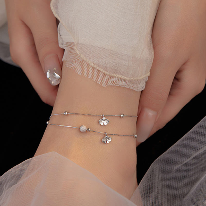 Fortune Jewel 925 Sterling Silver Ginkgo Leaf Double Layer Protection Anklet