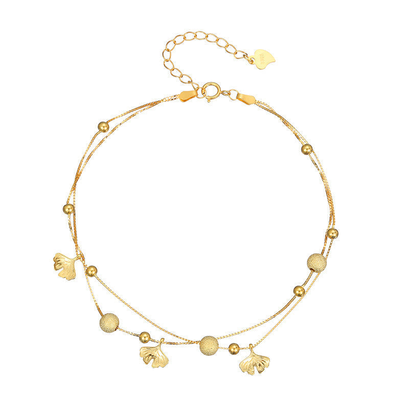 Fortune Jewel 925 Sterling Silver Ginkgo Leaf Double Layer Protection Anklet