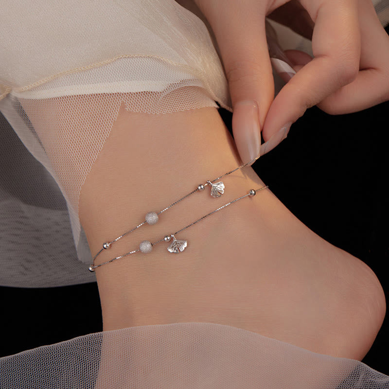 Fortune Jewel 925 Sterling Silver Ginkgo Leaf Double Layer Protection Anklet