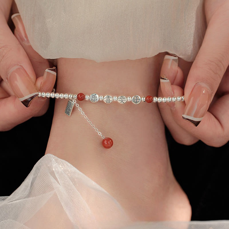 Fortune Jewel 925 Sterling Silver Small Beads Red Agate Peace And Joy Blessing Anklet