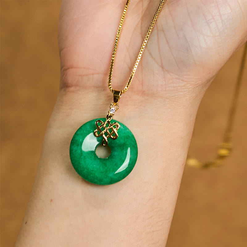 Fortune Jewel Natural Cyan Jade Peace Buckle Chinese knot Success Necklace Pendant