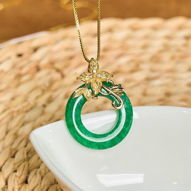 Fortune Jewel Cyan Jade Peace Buckle Alloy Flower Healing Luck Necklace Pendant