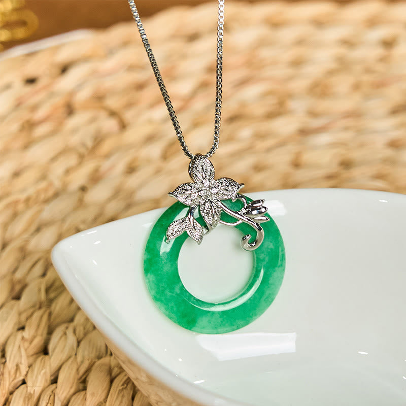 Fortune Jewel Cyan Jade Peace Buckle Alloy Flower Healing Luck Necklace Pendant