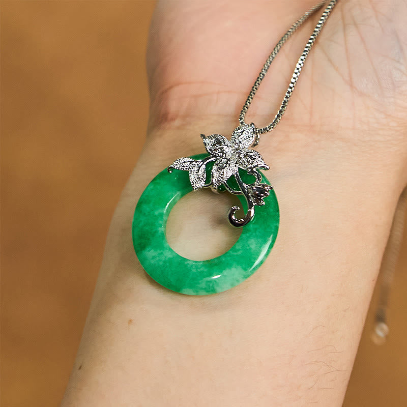 Fortune Jewel Cyan Jade Peace Buckle Alloy Flower Healing Luck Necklace Pendant