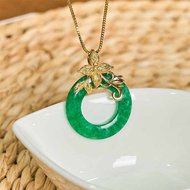 Fortune Jewel Cyan Jade Peace Buckle Alloy Flower Healing Luck Necklace Pendant