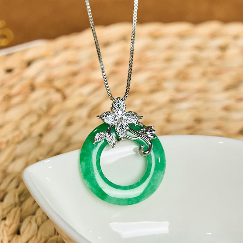 Fortune Jewel Cyan Jade Peace Buckle Alloy Flower Healing Luck Necklace Pendant