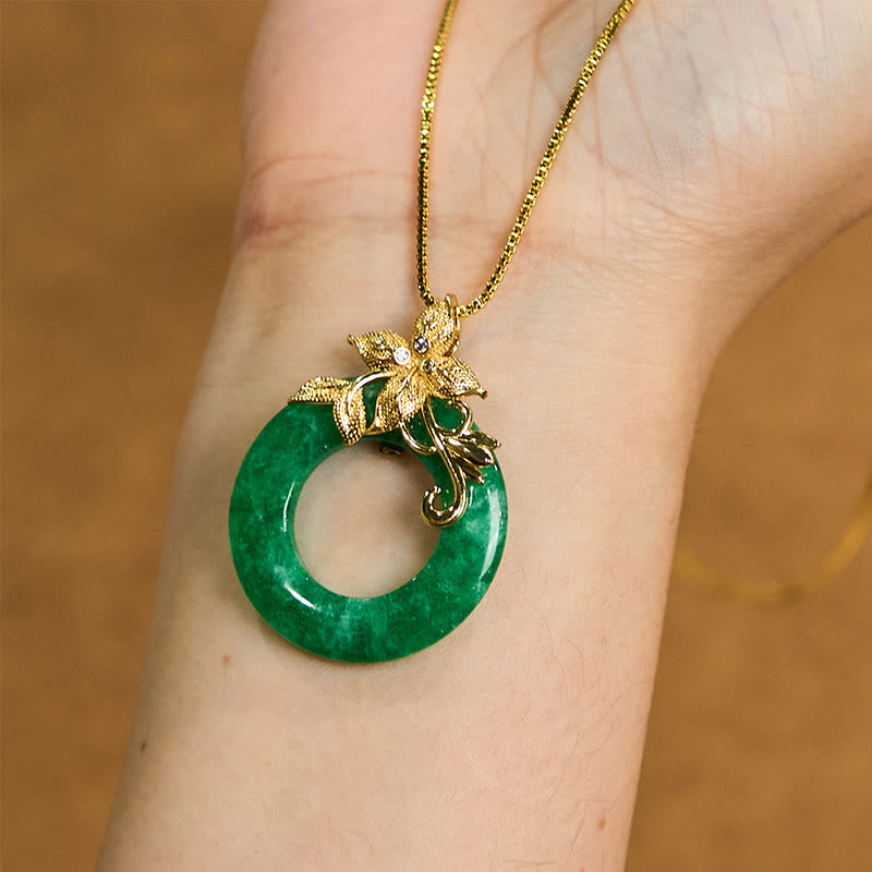 Fortune Jewel Cyan Jade Peace Buckle Alloy Flower Healing Luck Necklace Pendant
