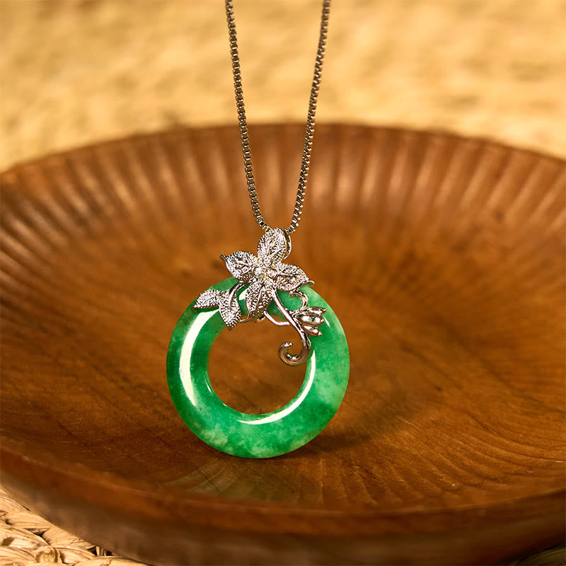 Fortune Jewel Cyan Jade Peace Buckle Alloy Flower Healing Luck Necklace Pendant