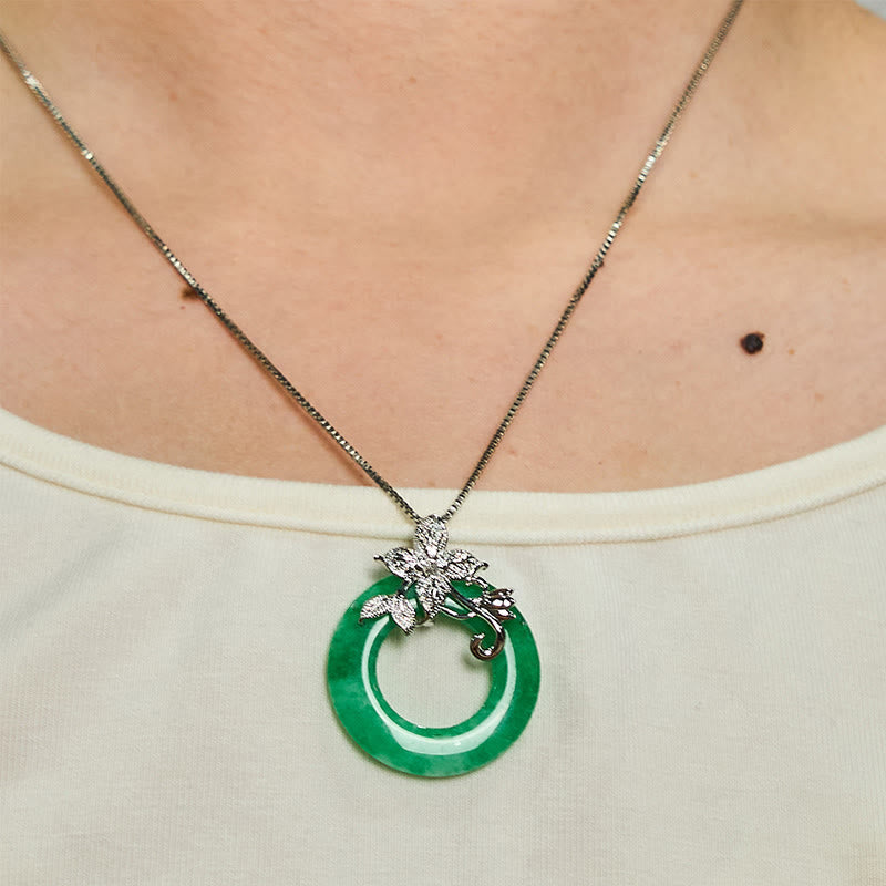 Fortune Jewel Cyan Jade Peace Buckle Alloy Flower Healing Luck Necklace Pendant
