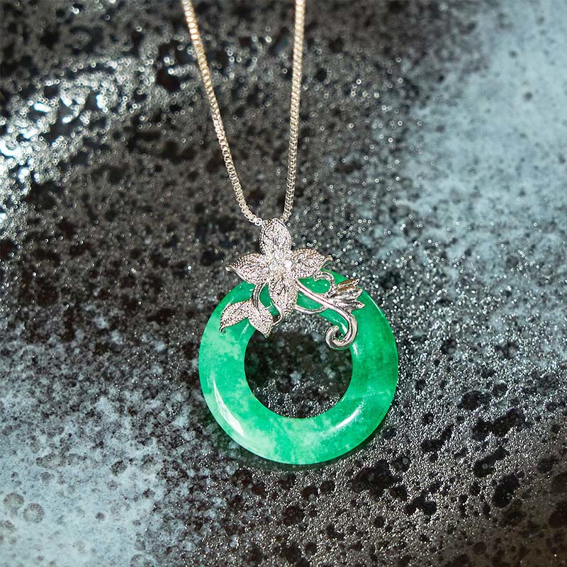 Fortune Jewel Cyan Jade Peace Buckle Alloy Flower Healing Luck Necklace Pendant