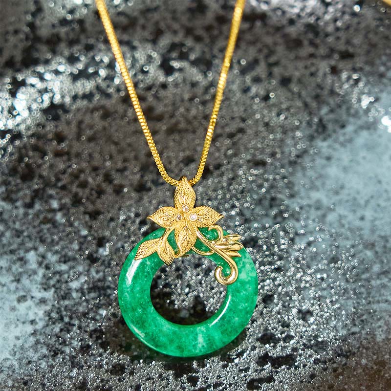 Fortune Jewel Cyan Jade Peace Buckle Alloy Flower Healing Luck Necklace Pendant