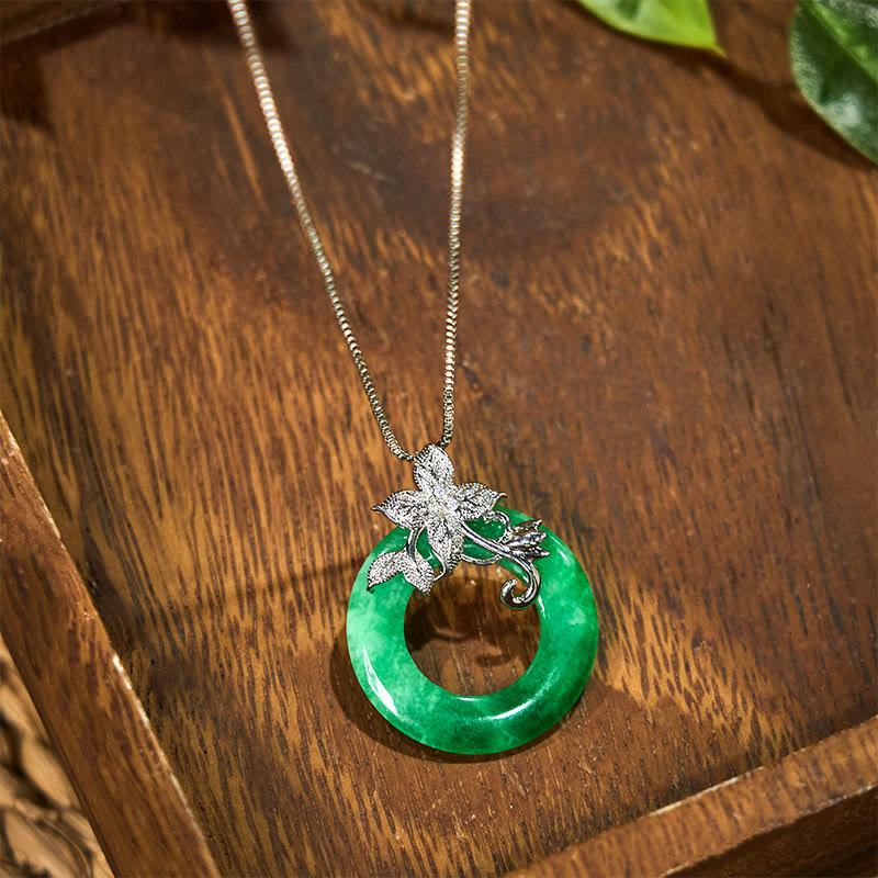 Fortune Jewel Cyan Jade Peace Buckle Alloy Flower Healing Luck Necklace Pendant