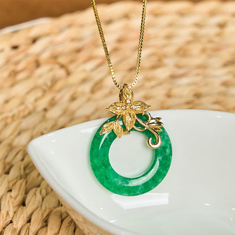 Fortune Jewel Cyan Jade Peace Buckle Alloy Flower Healing Luck Necklace Pendant