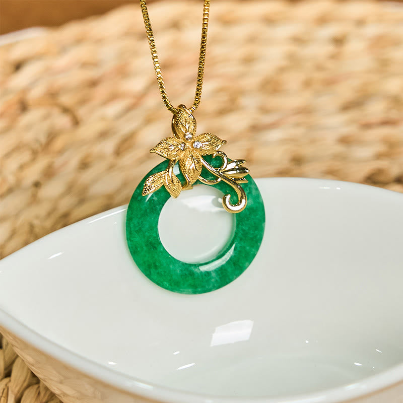 Fortune Jewel Cyan Jade Peace Buckle Alloy Flower Healing Luck Necklace Pendant
