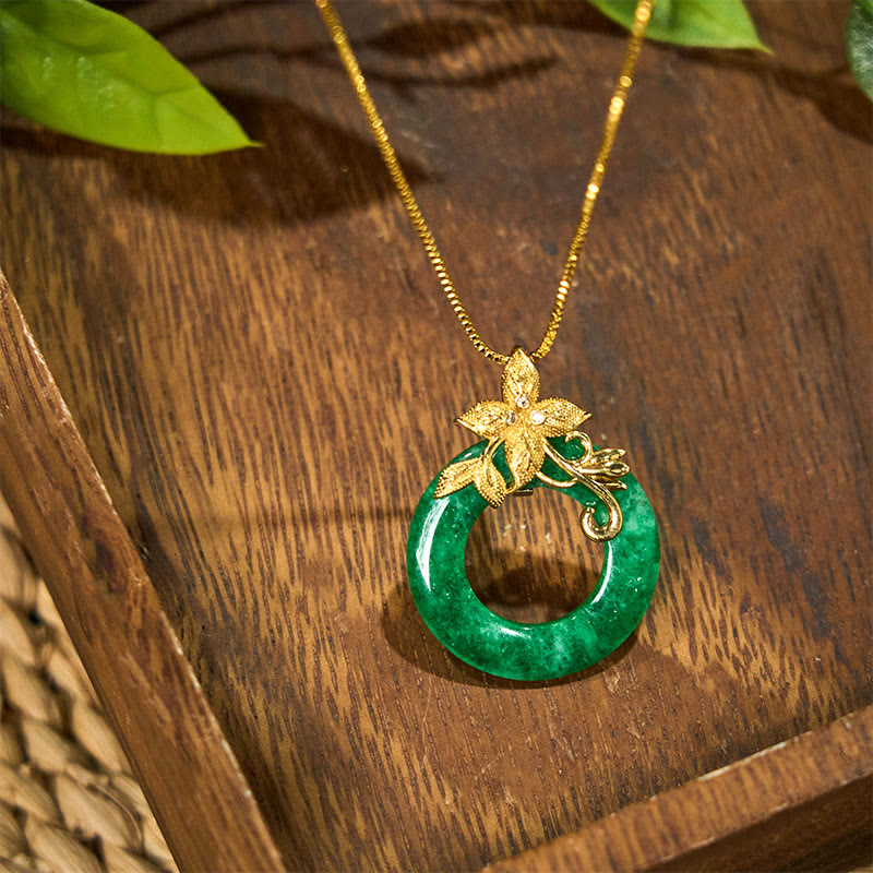 Fortune Jewel Cyan Jade Peace Buckle Alloy Flower Healing Luck Necklace Pendant