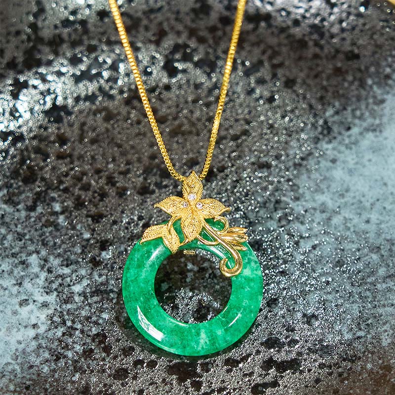Fortune Jewel Cyan Jade Peace Buckle Alloy Flower Healing Luck Necklace Pendant