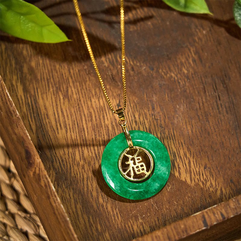 Fortune Jewel Cyan Jade Fu Character Peace Buckle Healing Luck Necklace Pendant