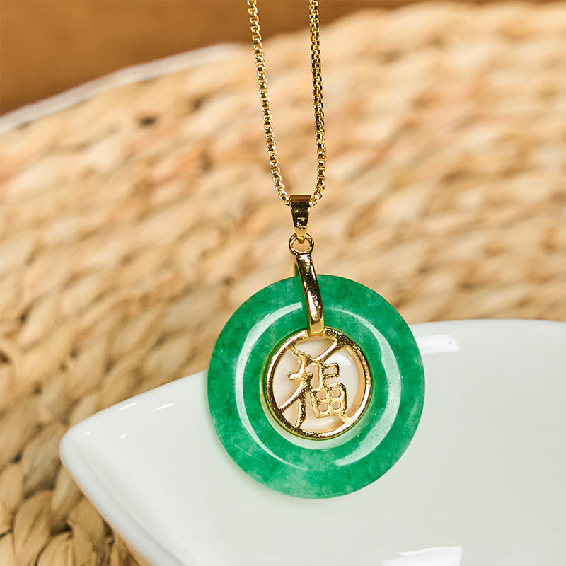 Fortune Jewel Cyan Jade Fu Character Peace Buckle Healing Luck Necklace Pendant