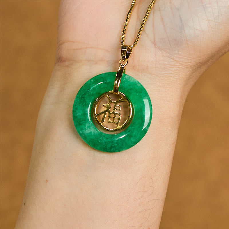 Fortune Jewel Cyan Jade Fu Character Peace Buckle Healing Luck Necklace Pendant