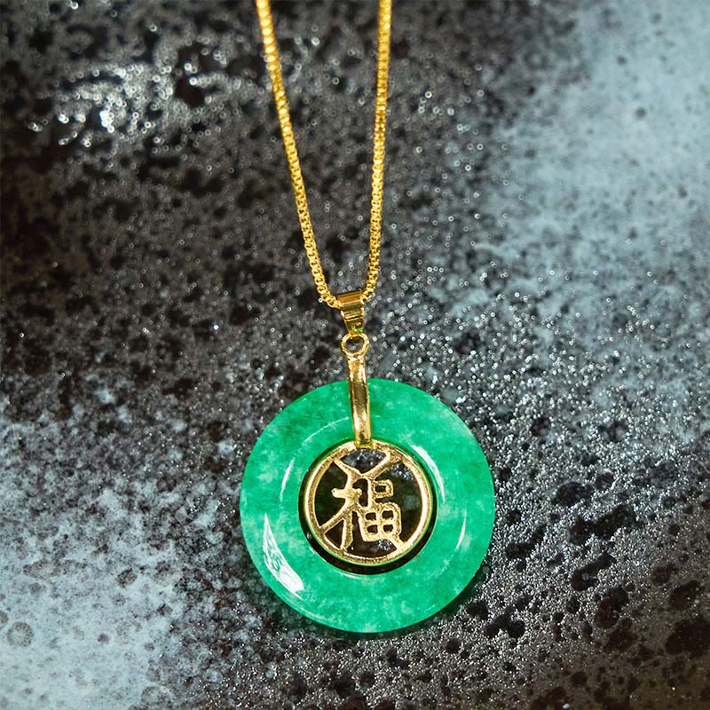 Fortune Jewel Cyan Jade Fu Character Peace Buckle Healing Luck Necklace Pendant