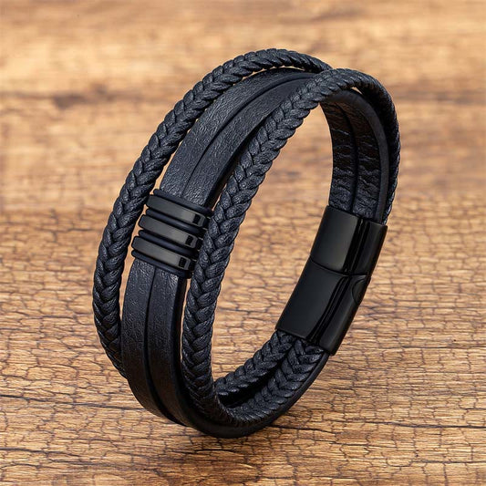 Fortune Jewel Handmade Braided Leather Calm Titanium Steel Buckle Bracelet
