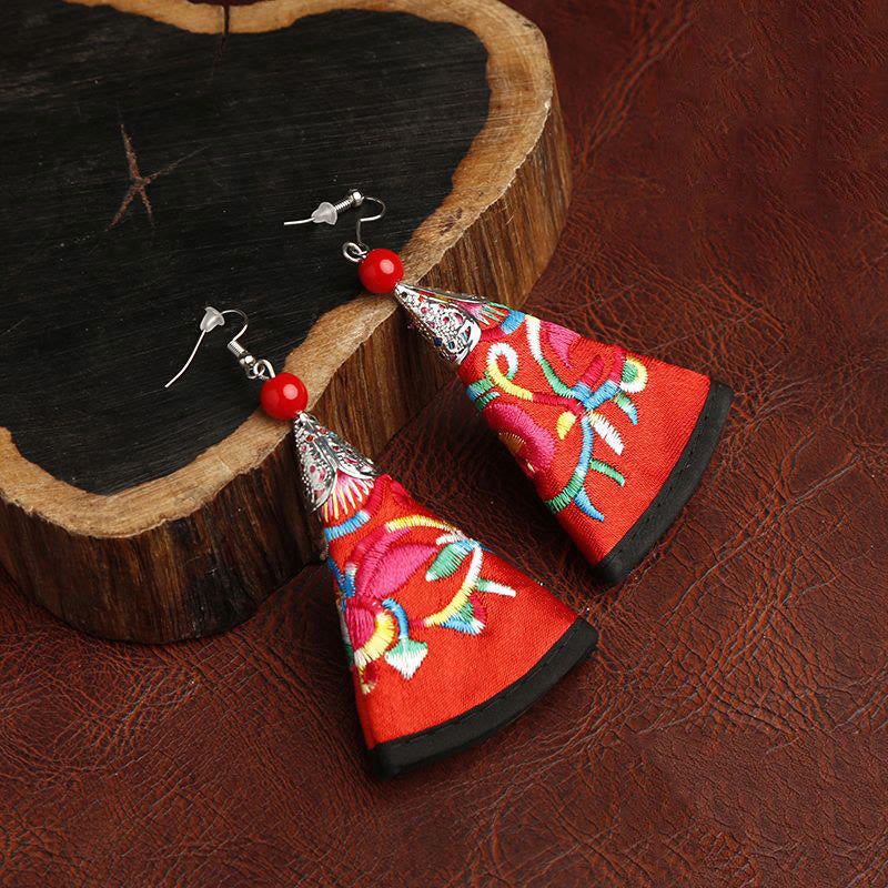 Fortune Jewel Handmade Fan-shaped Yi Embroidery Harmony Earrings
