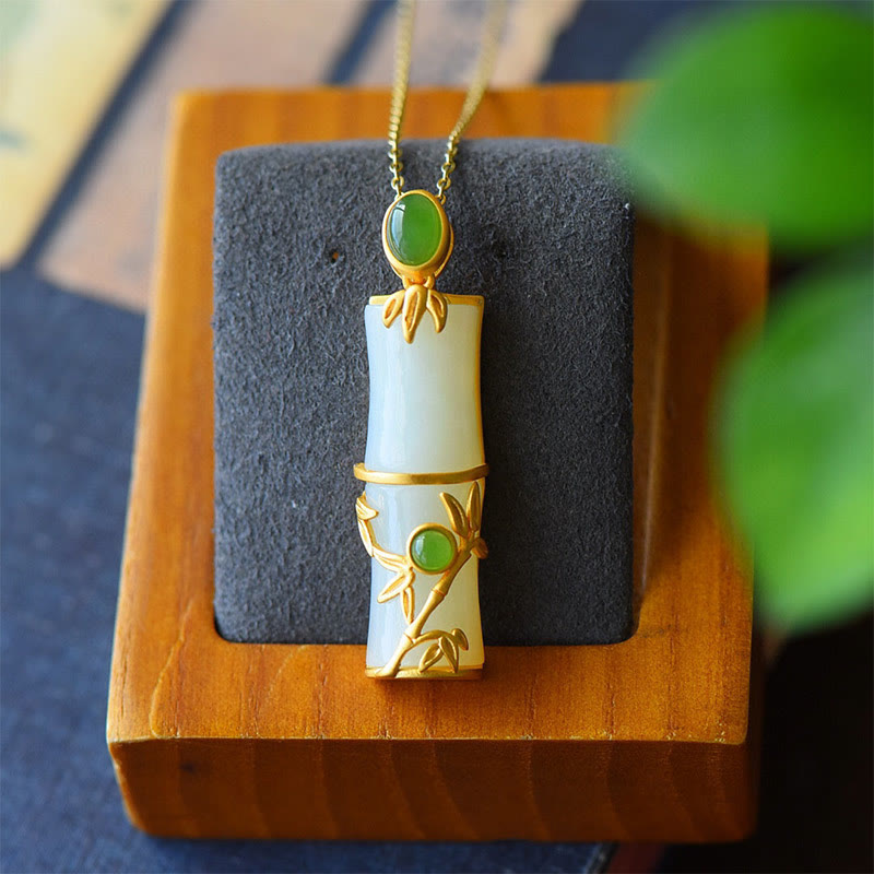 Fortune Jewel White Jade Cyan Jade Bamboo Protection Necklace Pendant